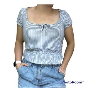 Hollister White and Blue Striped Crop Keyhole Blouse